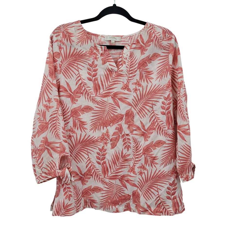 Coral Bay Beach Resort Island Pink Tropical Leaf Linen Rayon V-Neck Top Sz L